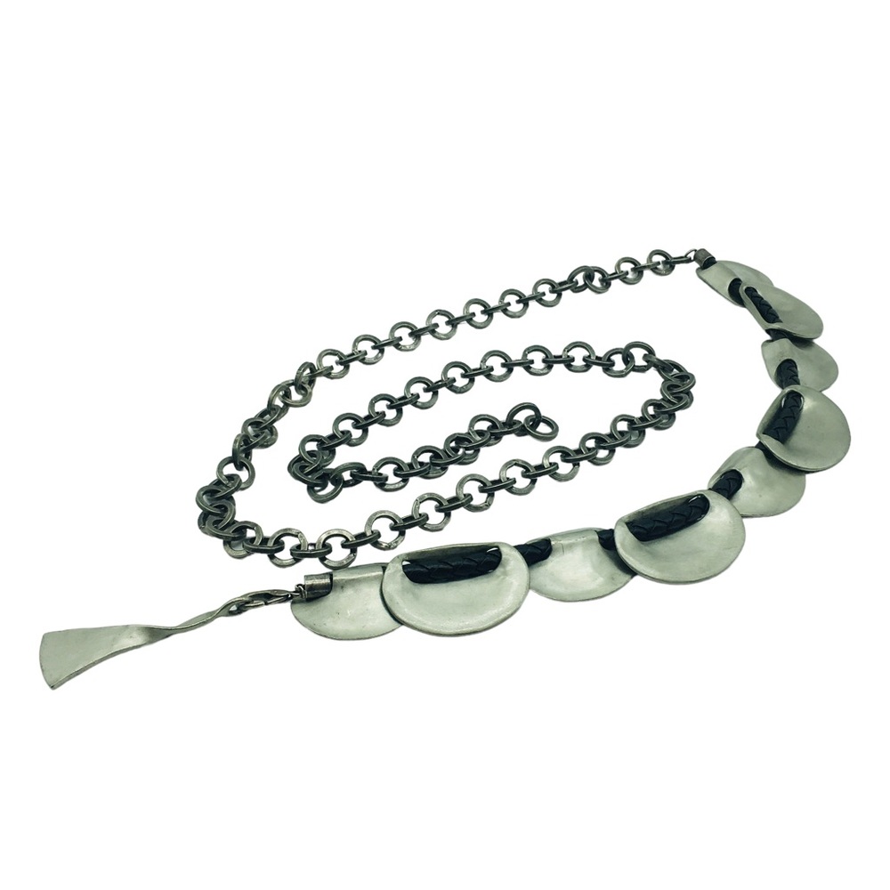 Braided Black Leather Silver Chain Adjustable Dangle Belt